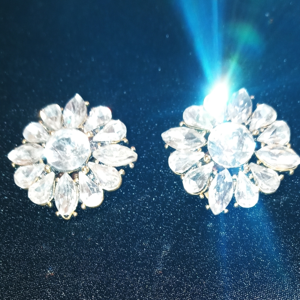 Stunning Vtg. Flower Rhinestone Clip Earrings